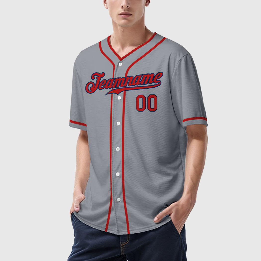 Custom Gray Navy Red Piping Baseball Jersey