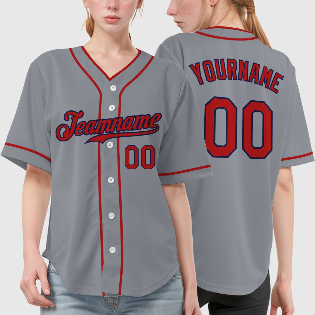 Custom Gray Navy Red Piping Baseball Jersey