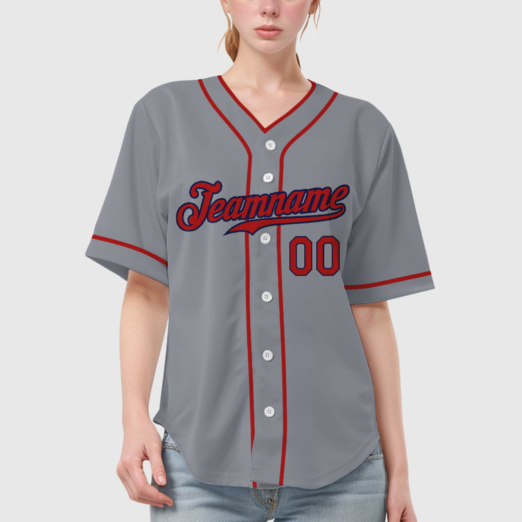 Custom Gray Navy Red Piping Baseball Jersey
