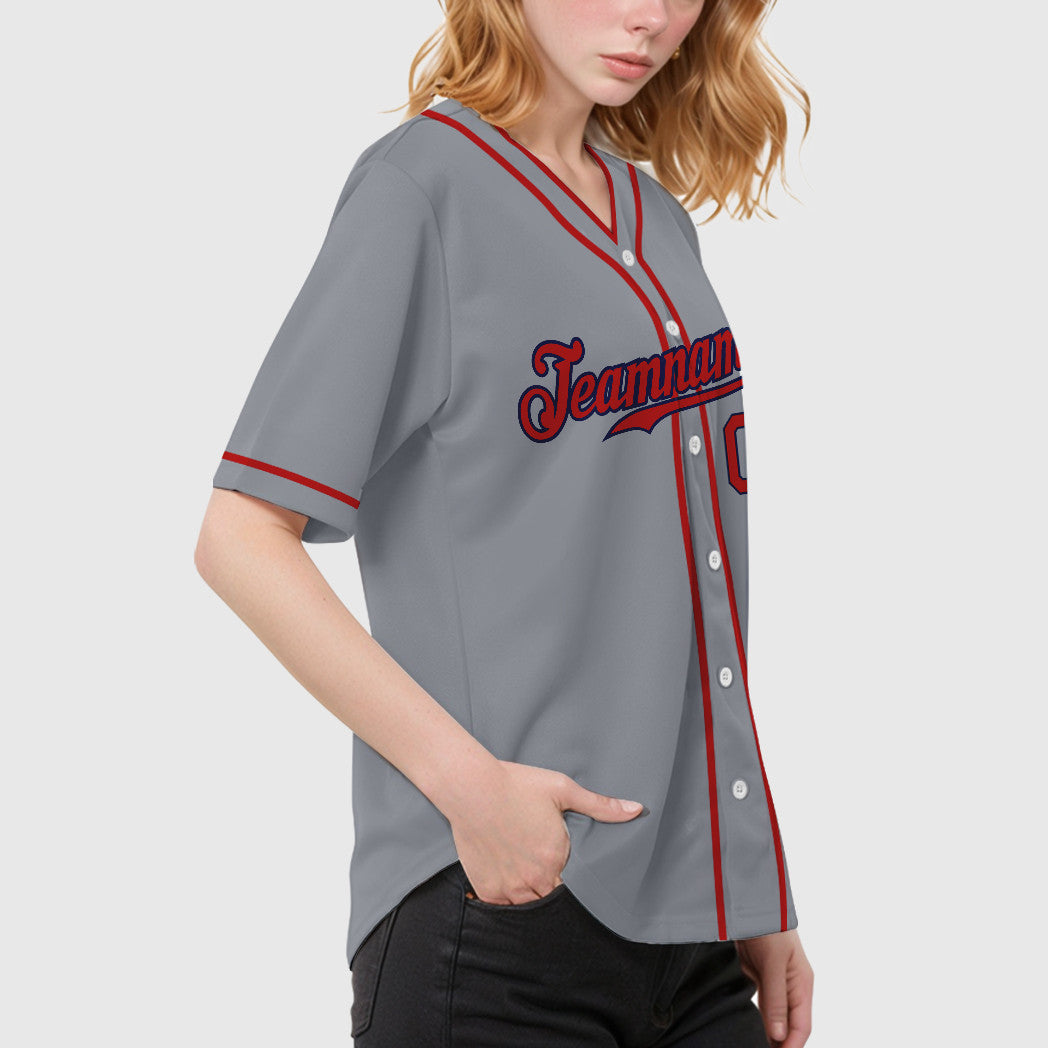 Custom Gray Navy Red Piping Baseball Jersey