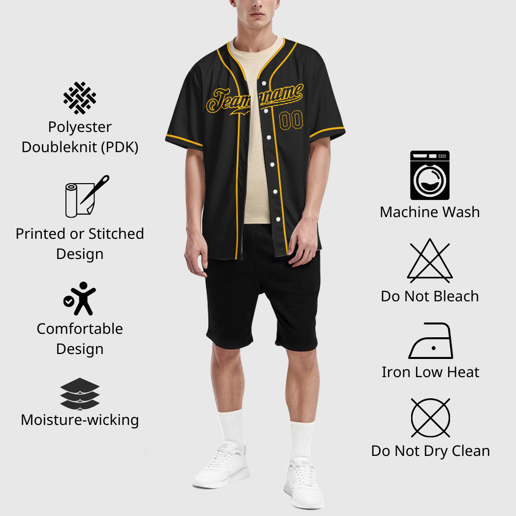 Custom Black Gold Black Piping Baseball Jersey