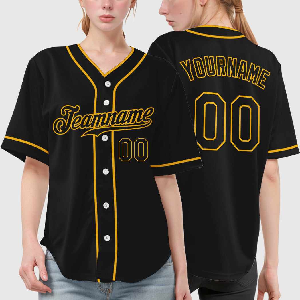Custom Black Gold Black Piping Baseball Jersey