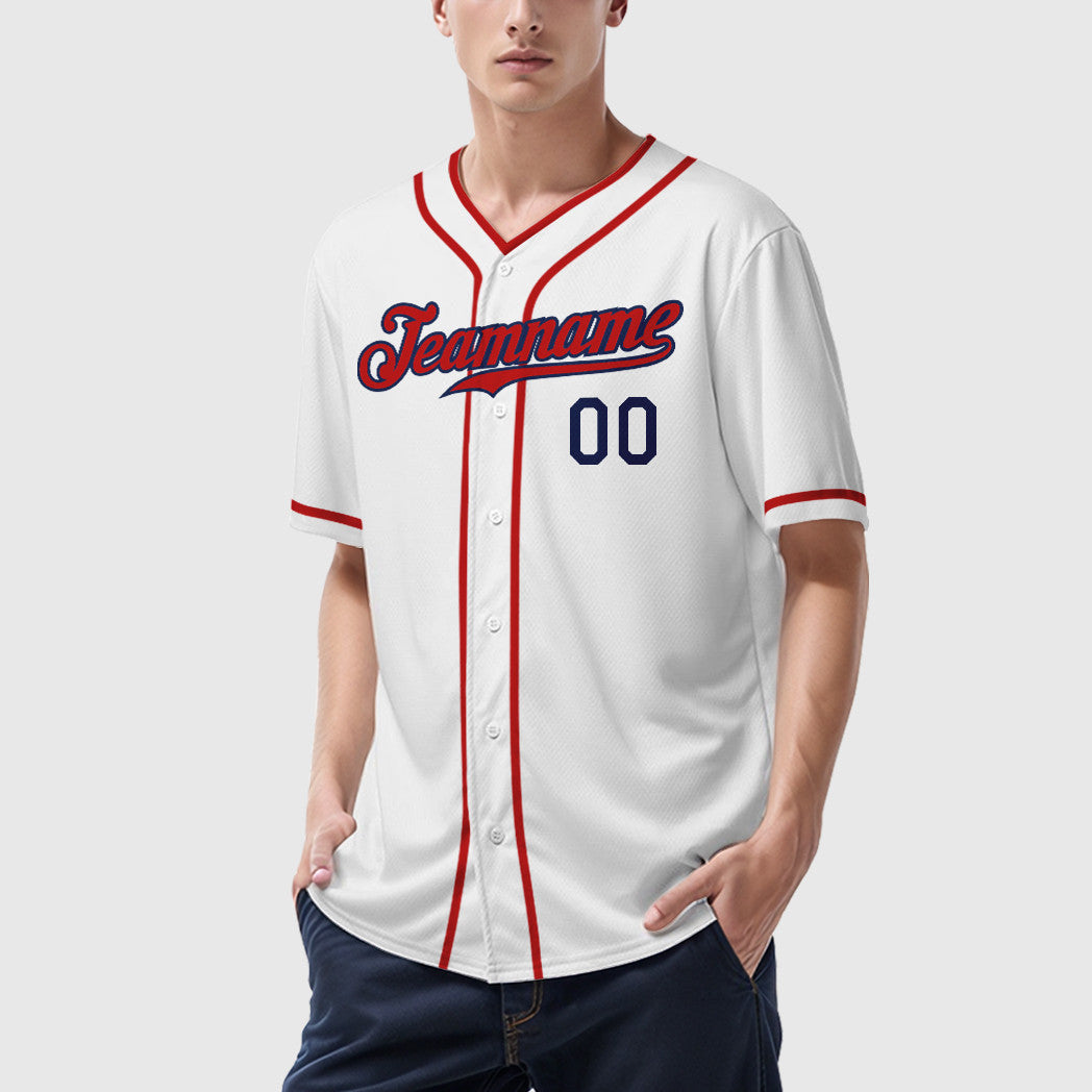 Custom White Navy Red Piping Baseball Jersey