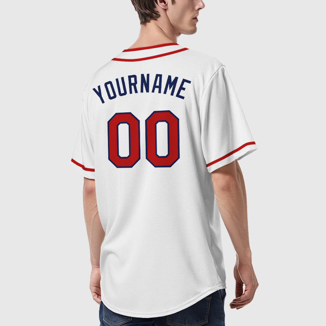 Custom White Navy Red Piping Baseball Jersey