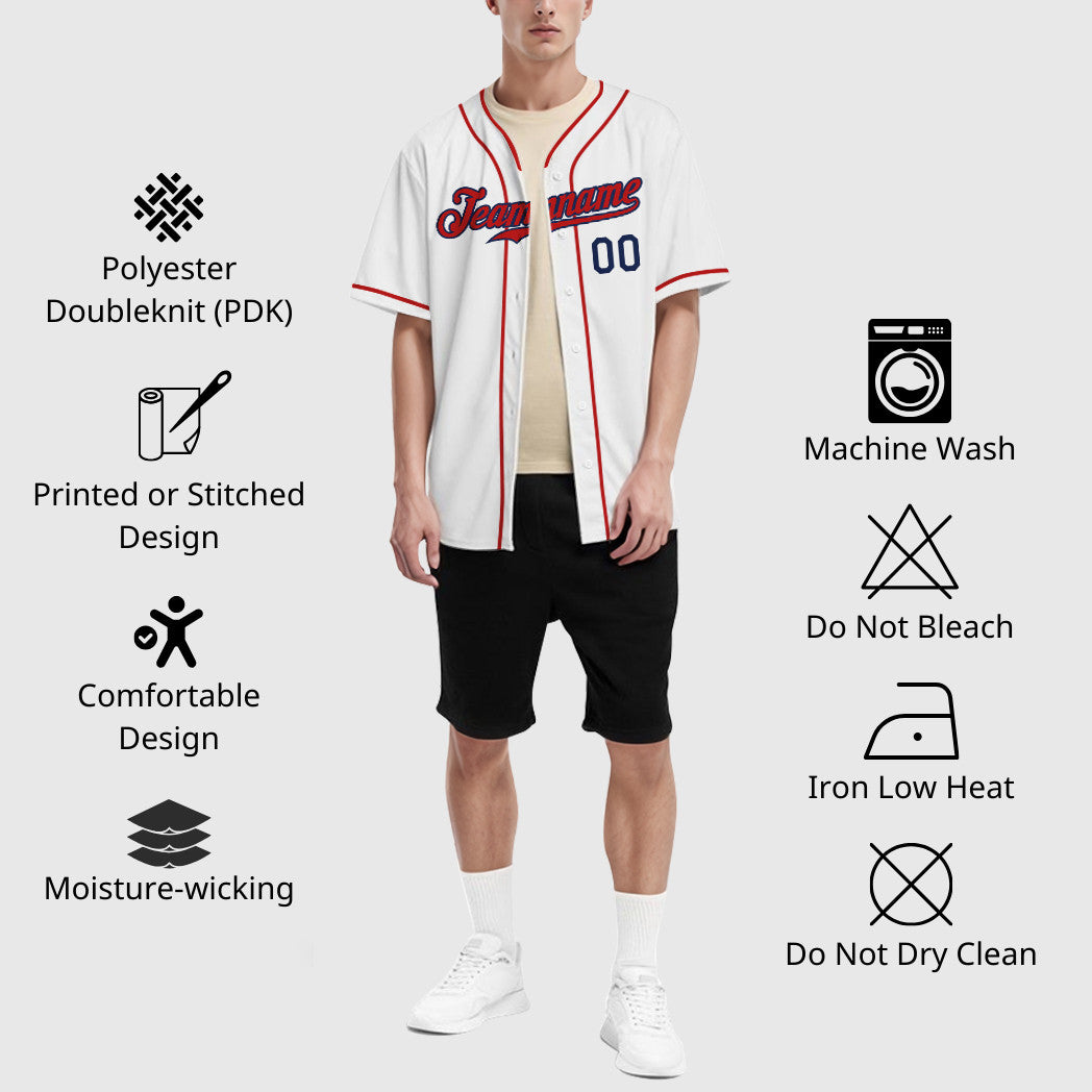 Custom White Navy Red Piping Baseball Jersey