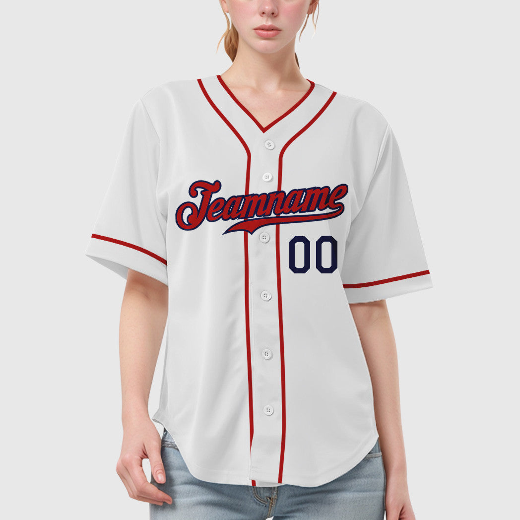 Custom White Navy Red Piping Baseball Jersey
