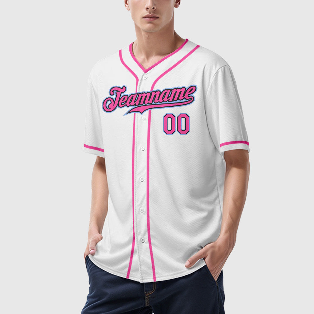 Custom White Black Pink-Light Blue Piping Baseball Jersey