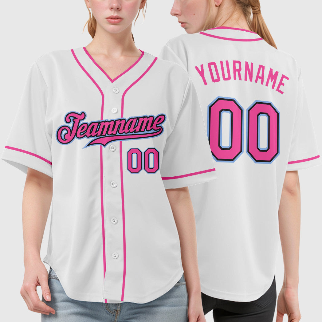 Custom White Black Pink-Light Blue Piping Baseball Jersey