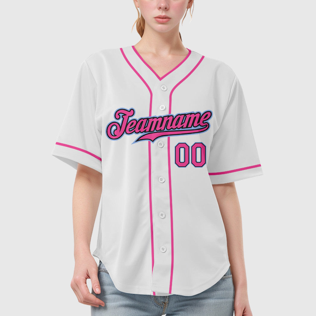 Custom White Black Pink-Light Blue Piping Baseball Jersey