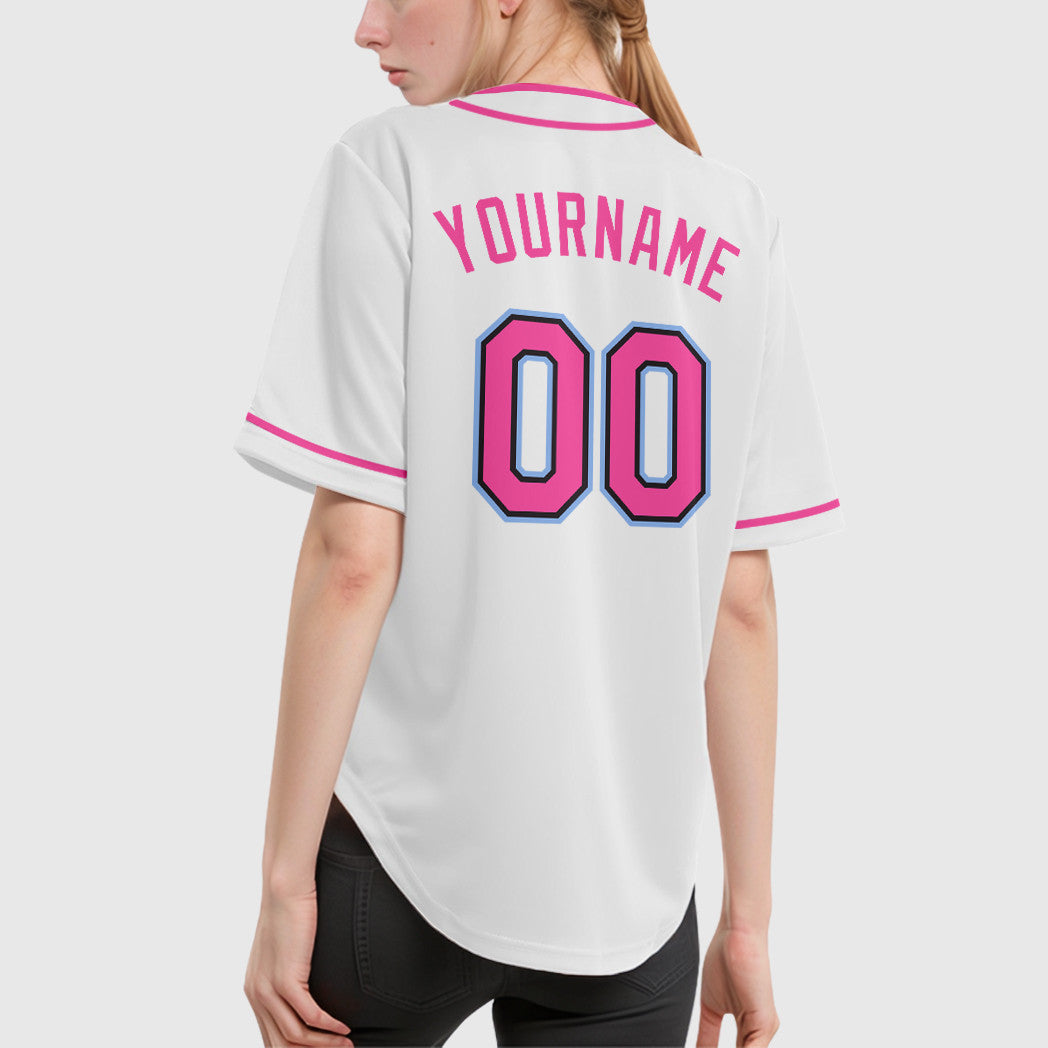 Custom White Black Pink-Light Blue Piping Baseball Jersey