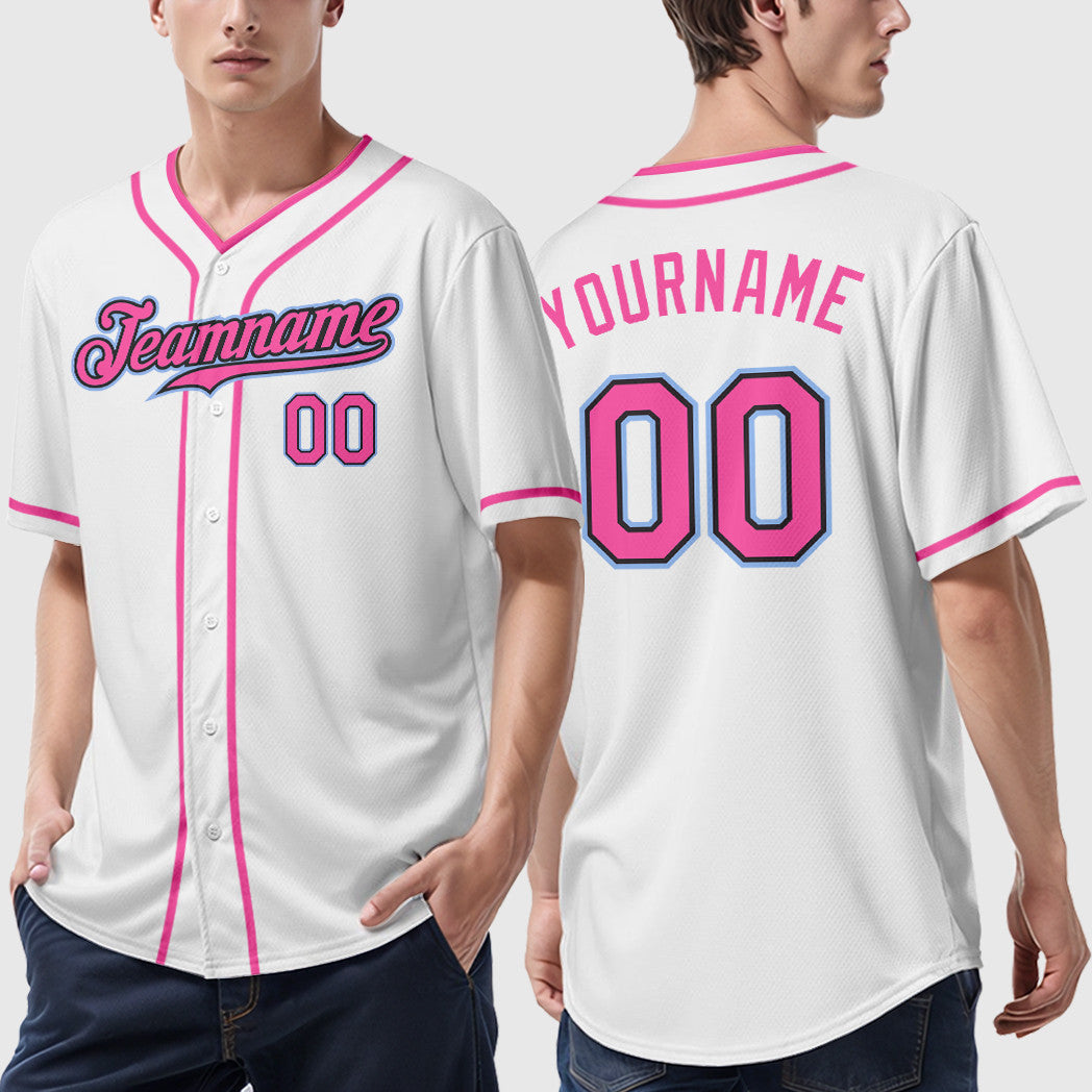 Custom White Black Pink-Light Blue Piping Baseball Jersey