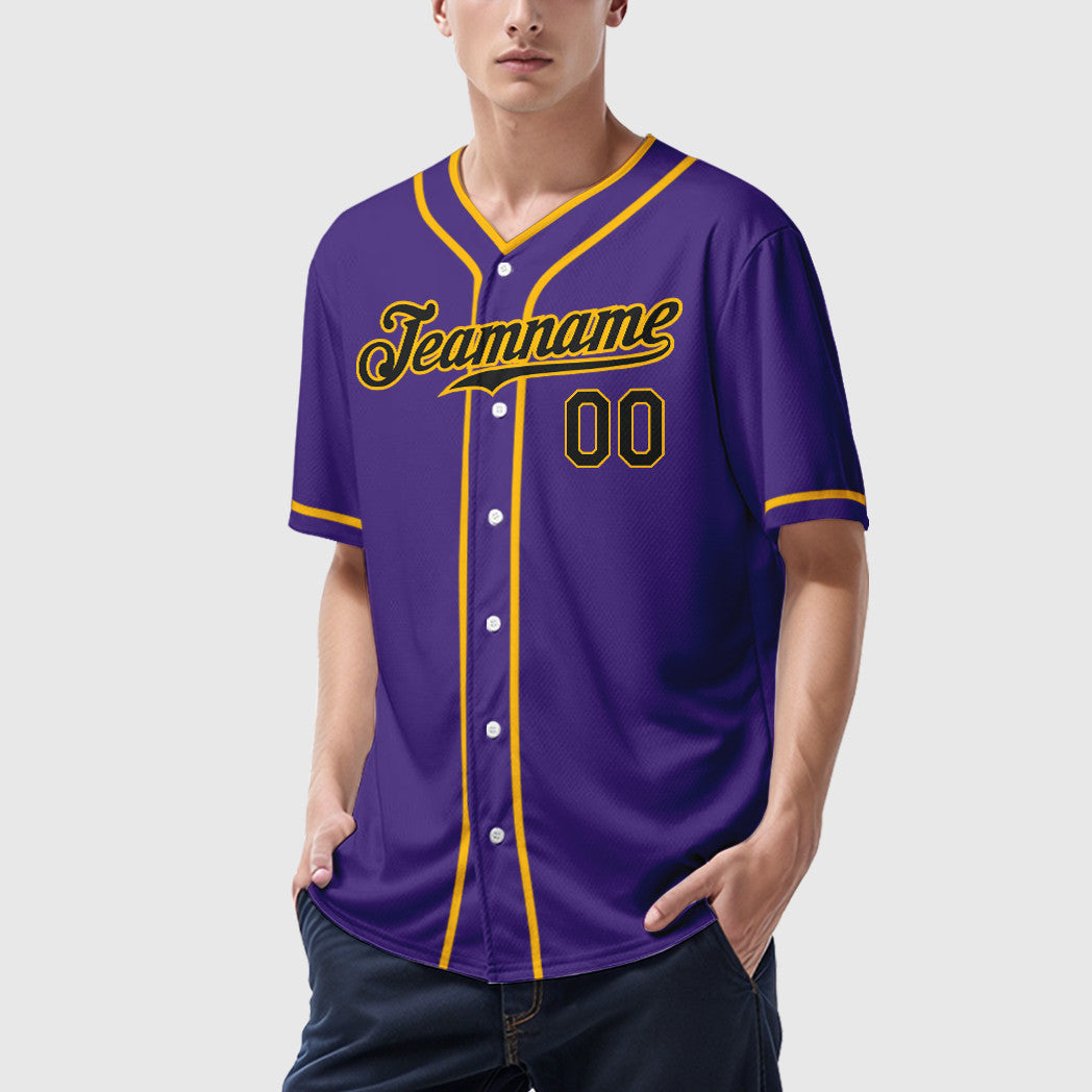 Custom Purple Black Black-Gold Piping Baseball Jersey