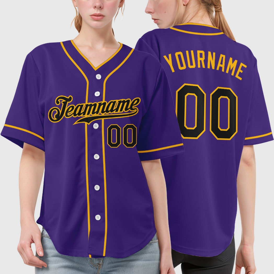 Custom Purple Black Black-Gold Piping Baseball Jersey