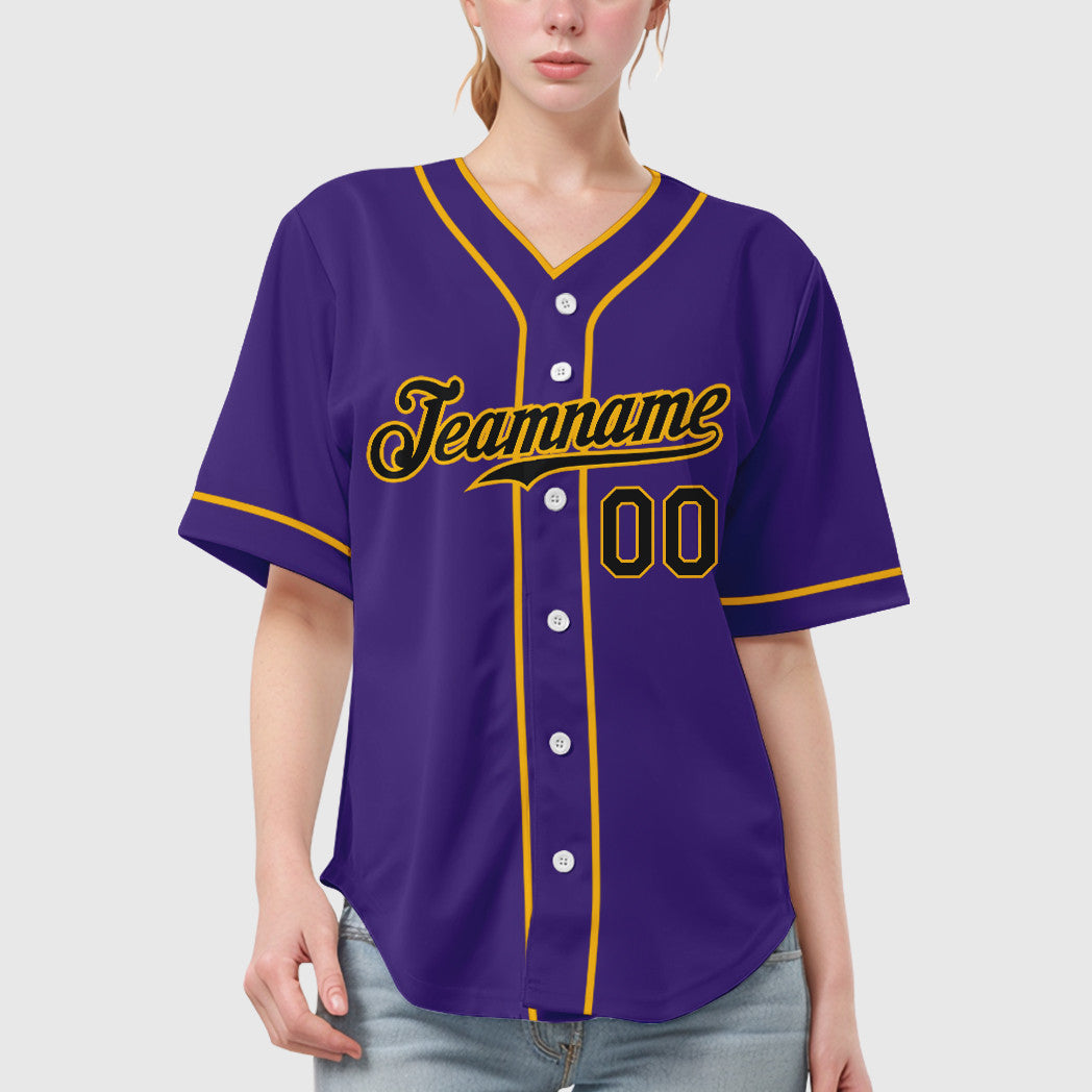 Custom Purple Black Black-Gold Piping Baseball Jersey
