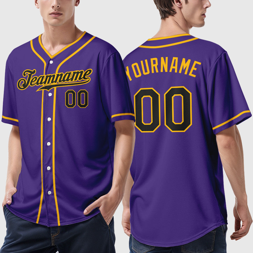 Custom Purple Black Black-Gold Piping Baseball Jersey