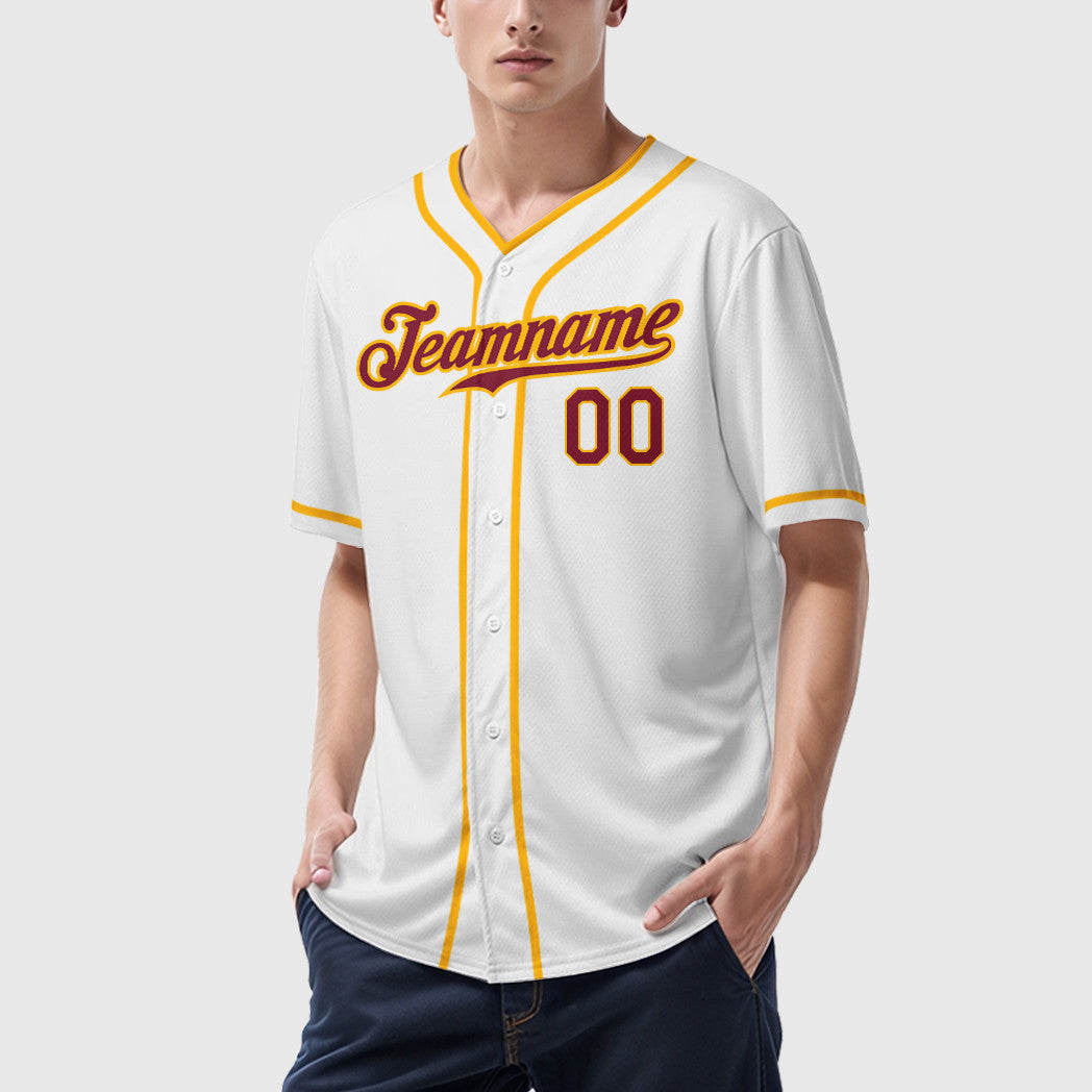 Custom White Crimson Crimson-Gold Piping Baseball Jersey
