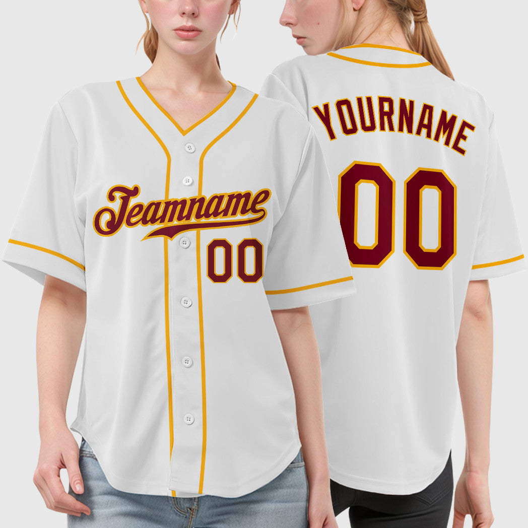 Custom White Crimson Crimson-Gold Piping Baseball Jersey
