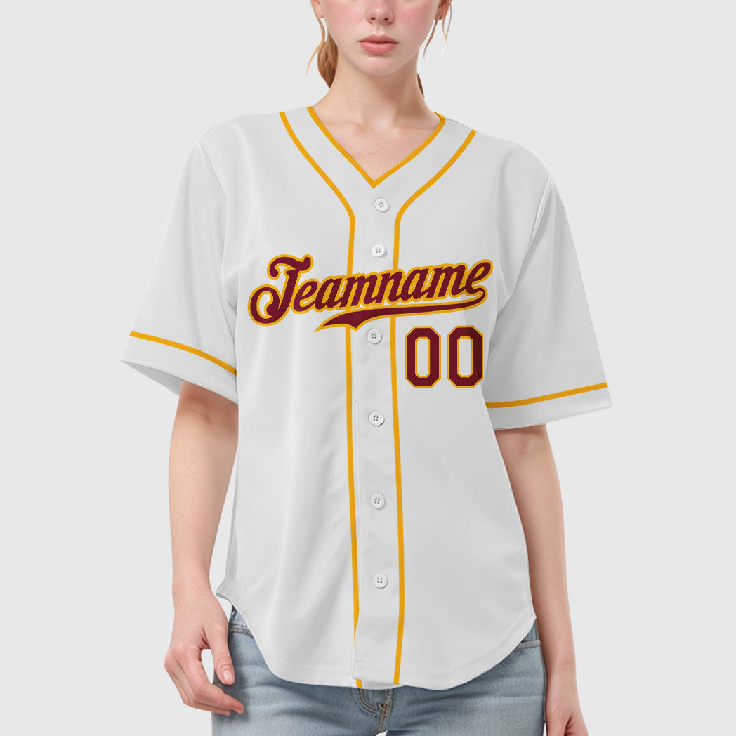 Custom White Crimson Crimson-Gold Piping Baseball Jersey