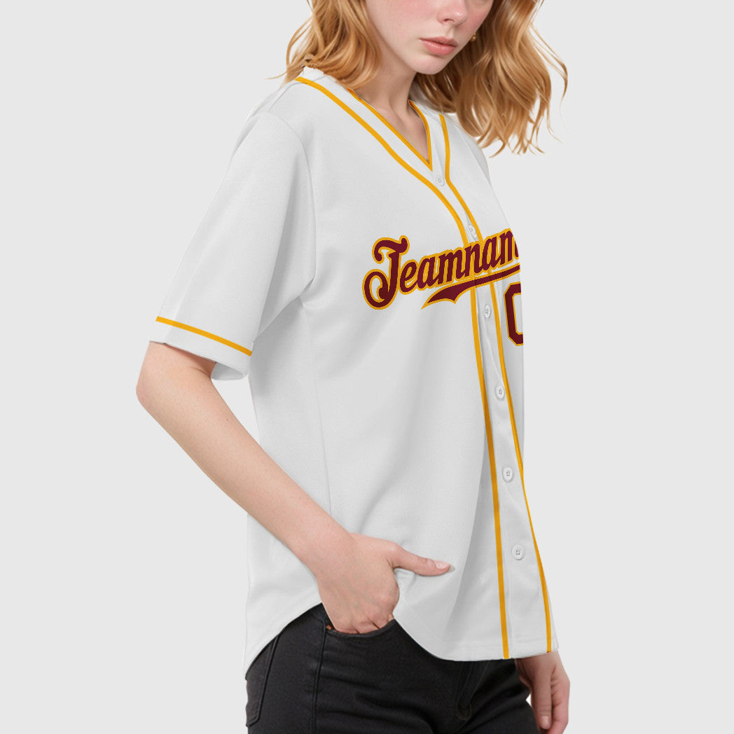 Custom White Crimson Crimson-Gold Piping Baseball Jersey