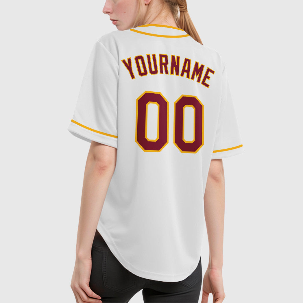 Custom White Crimson Crimson-Gold Piping Baseball Jersey