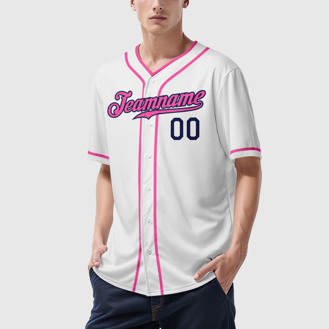Custom White Navy Pink Piping Baseball Jersey