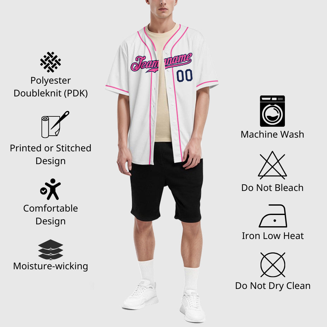Custom White Navy Pink Piping Baseball Jersey