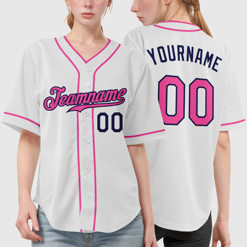 Custom White Navy Pink Piping Baseball Jersey