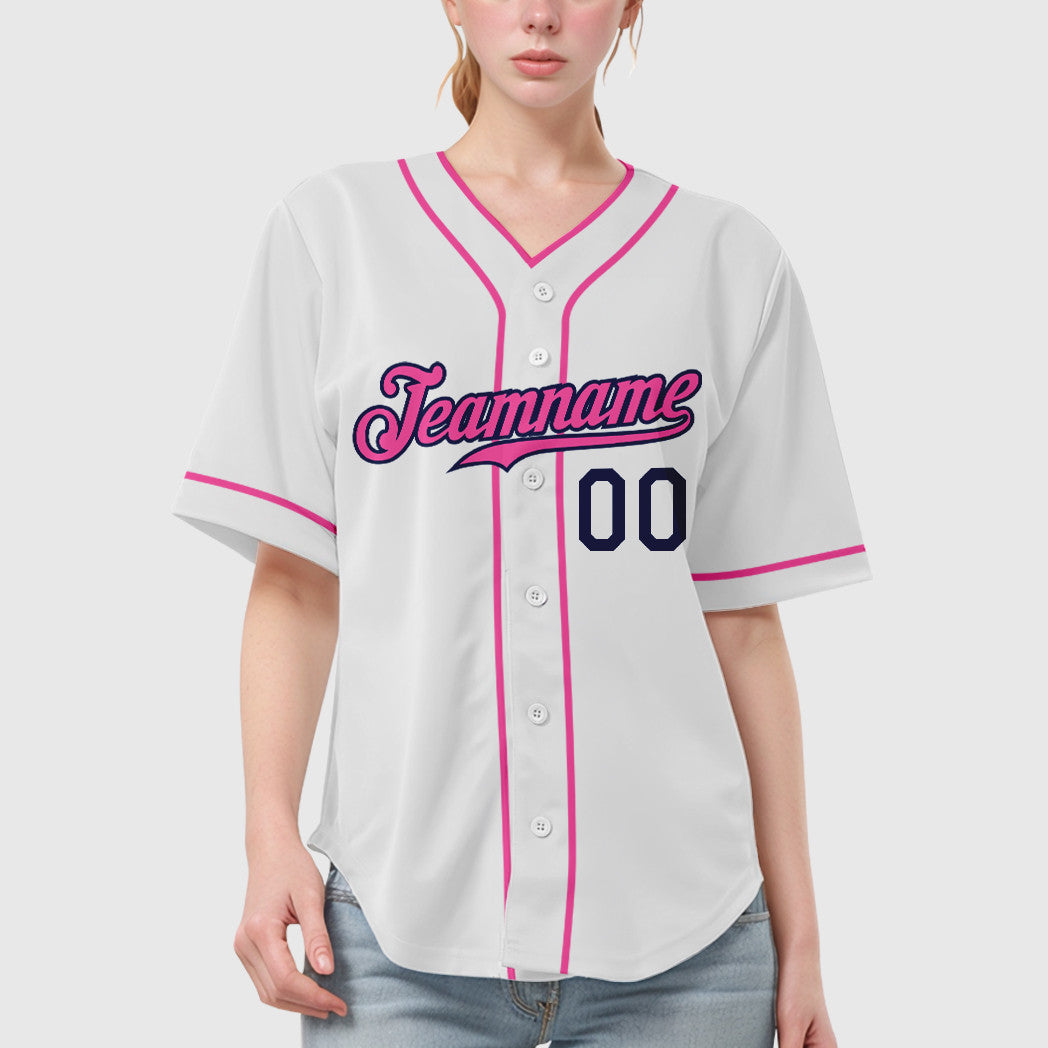 Custom White Navy Pink Piping Baseball Jersey
