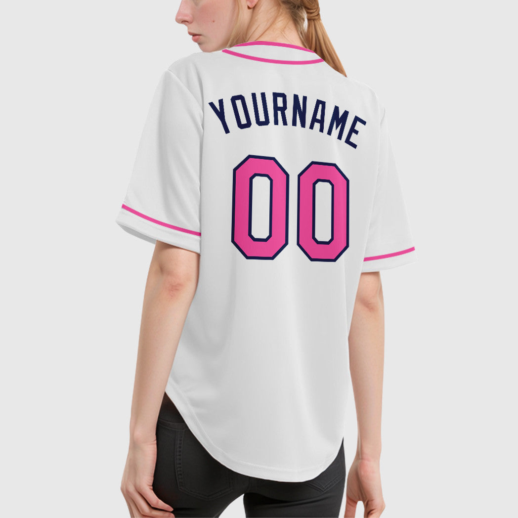 Custom White Navy Pink Piping Baseball Jersey