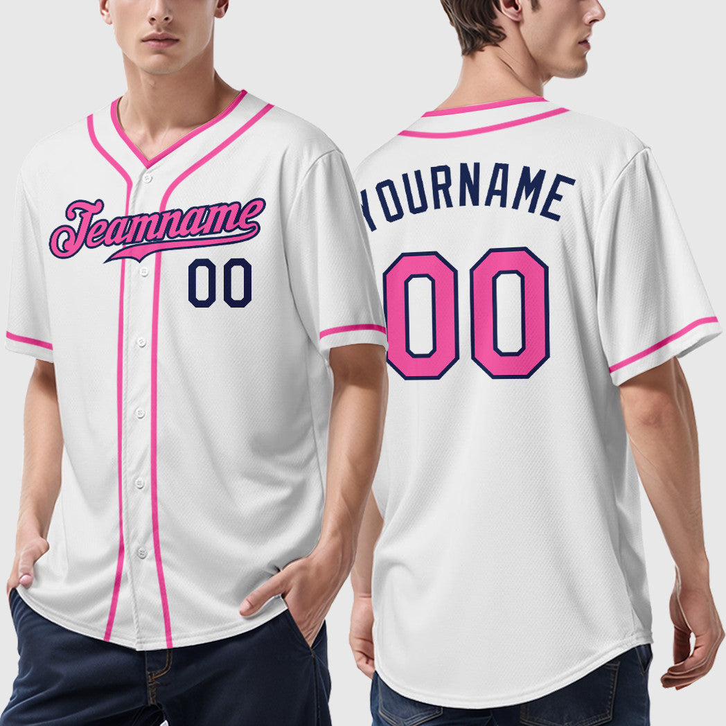 Custom White Navy Pink Piping Baseball Jersey