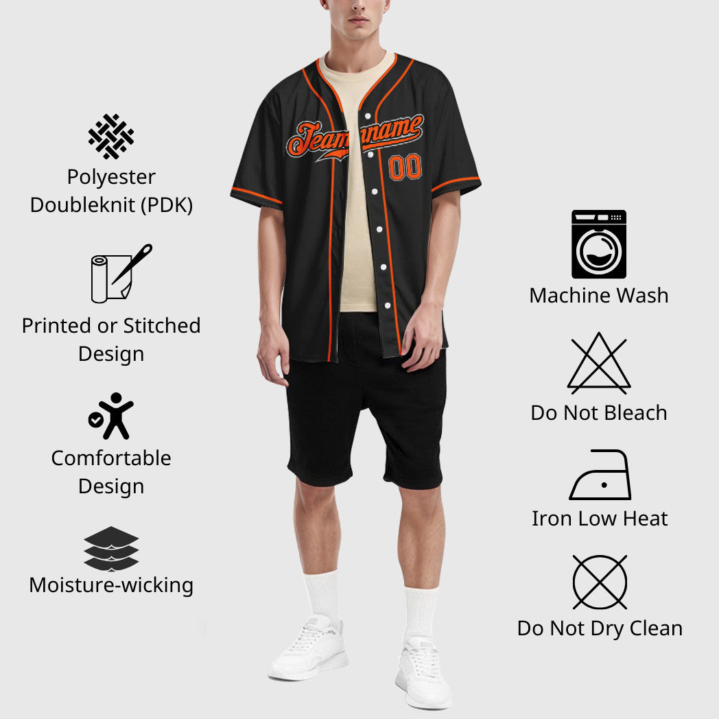Custom Black Gray Orange Piping Baseball Jersey