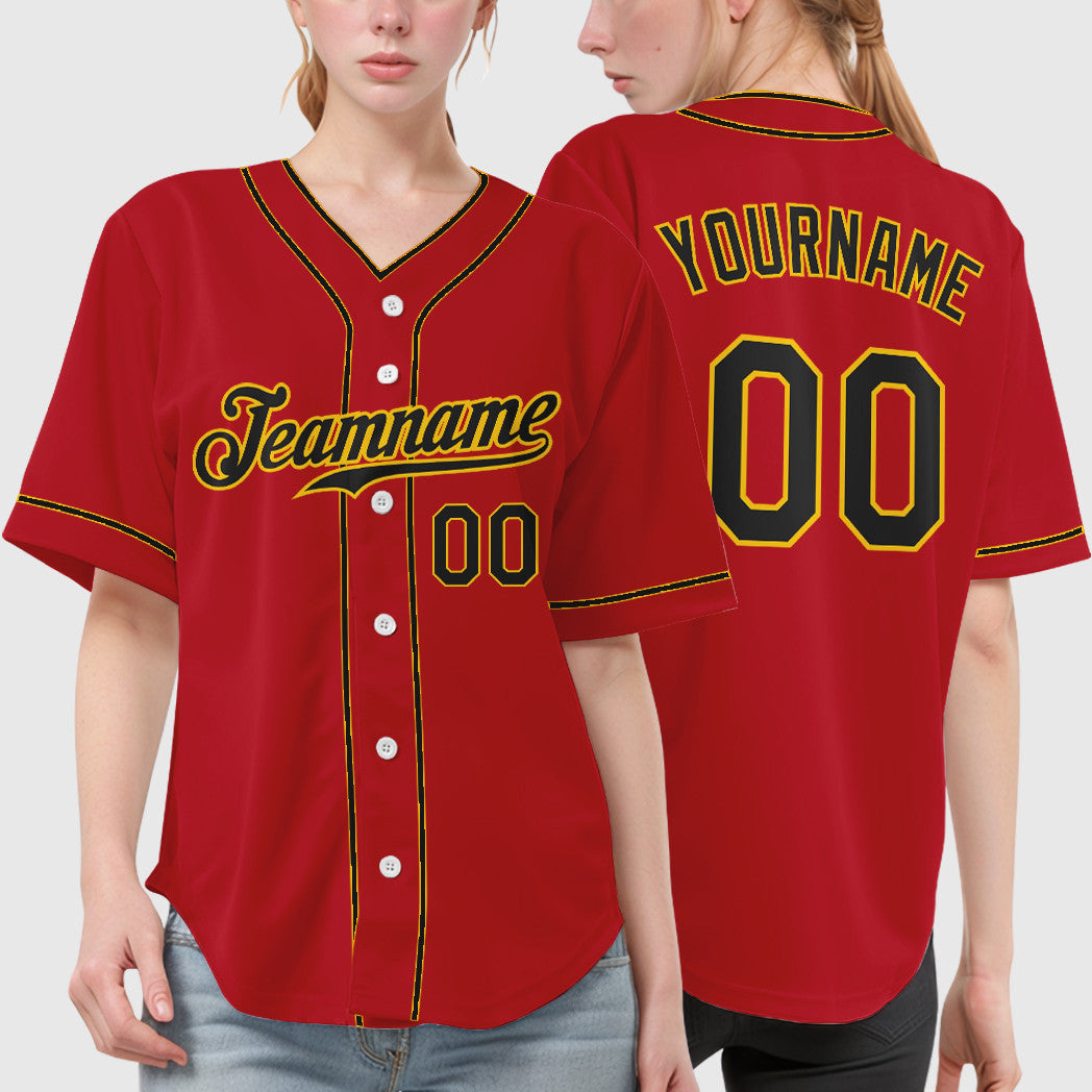 Custom Red Black Black-Gold Piping Baseball Jersey