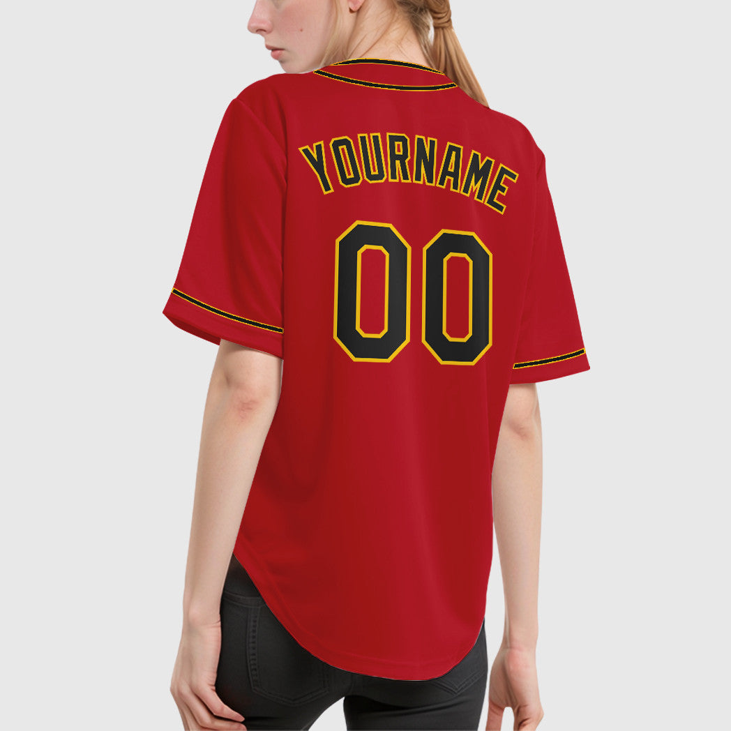 Custom Red Black Black-Gold Piping Baseball Jersey