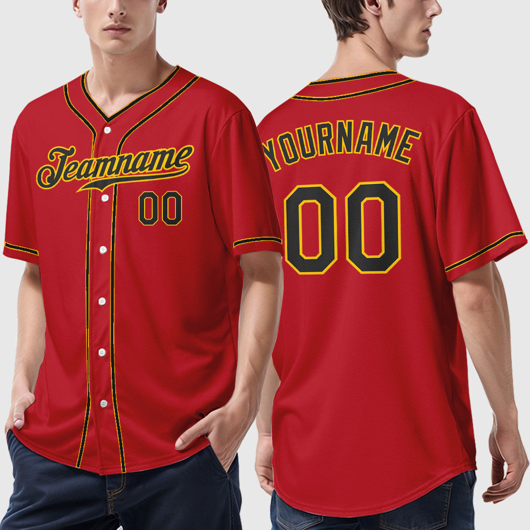 Custom Red Black Black-Gold Piping Baseball Jersey
