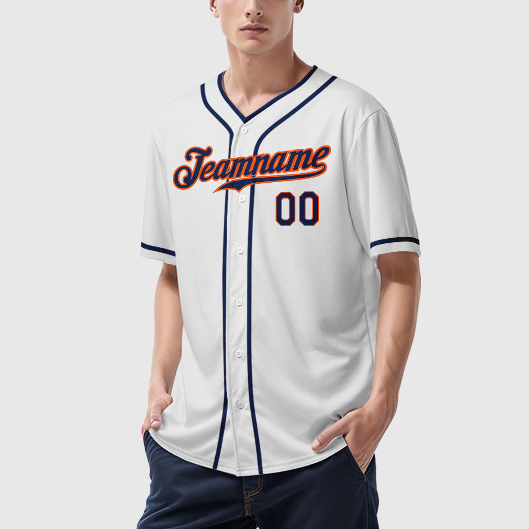 Custom White Navy Navy-Orange Piping Baseball Jersey