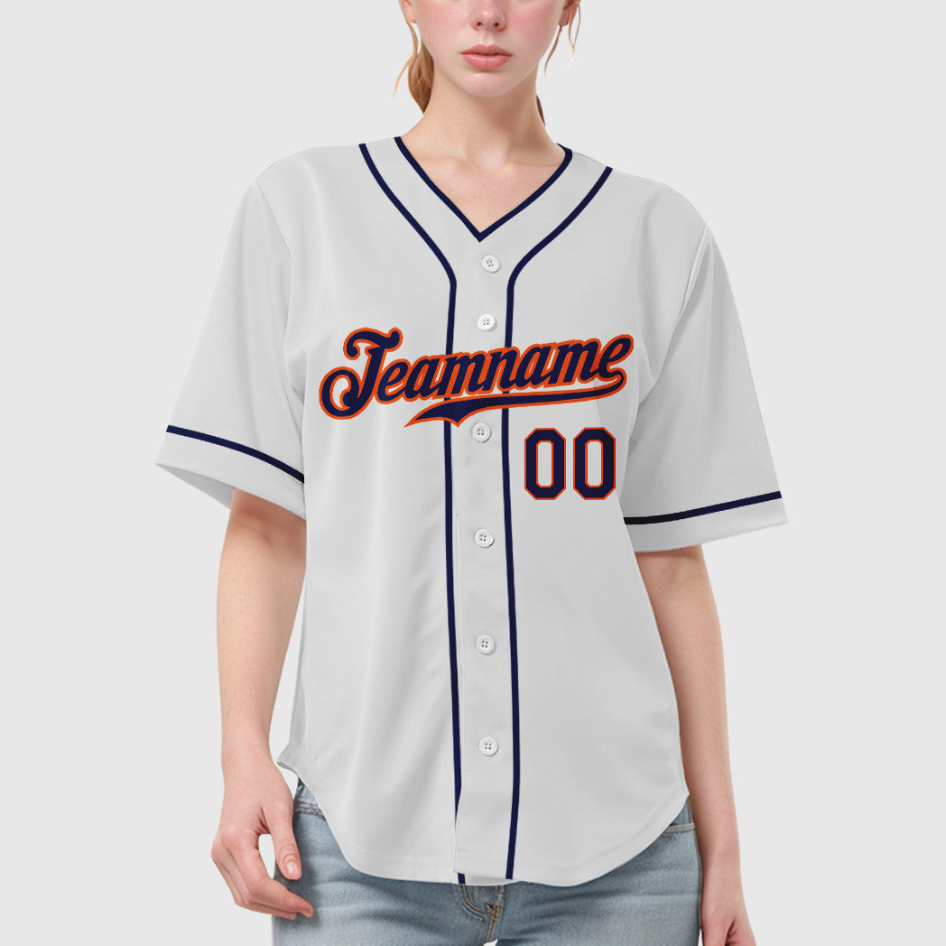 Custom White Navy Navy-Orange Piping Baseball Jersey