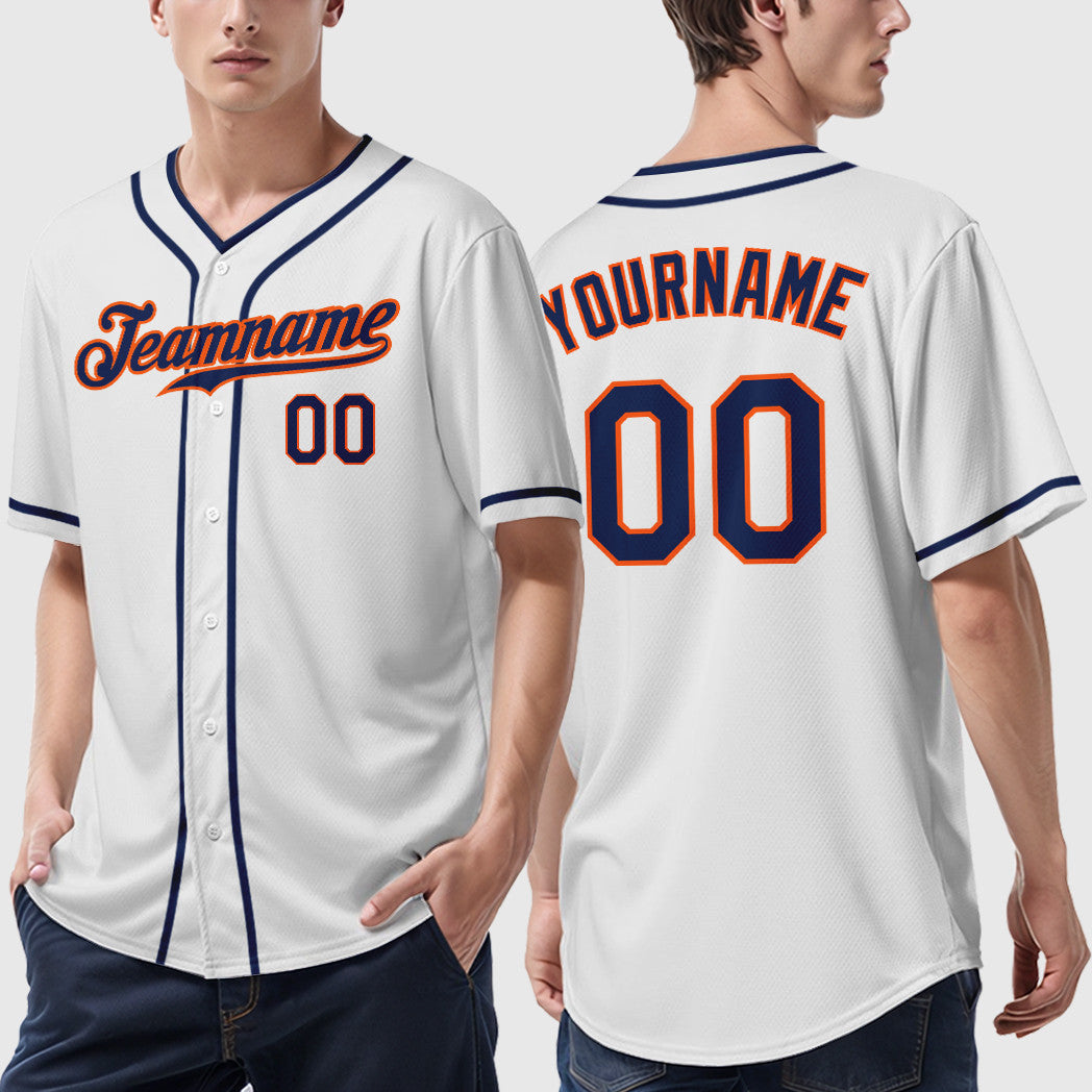 Custom White Navy Navy-Orange Piping Baseball Jersey