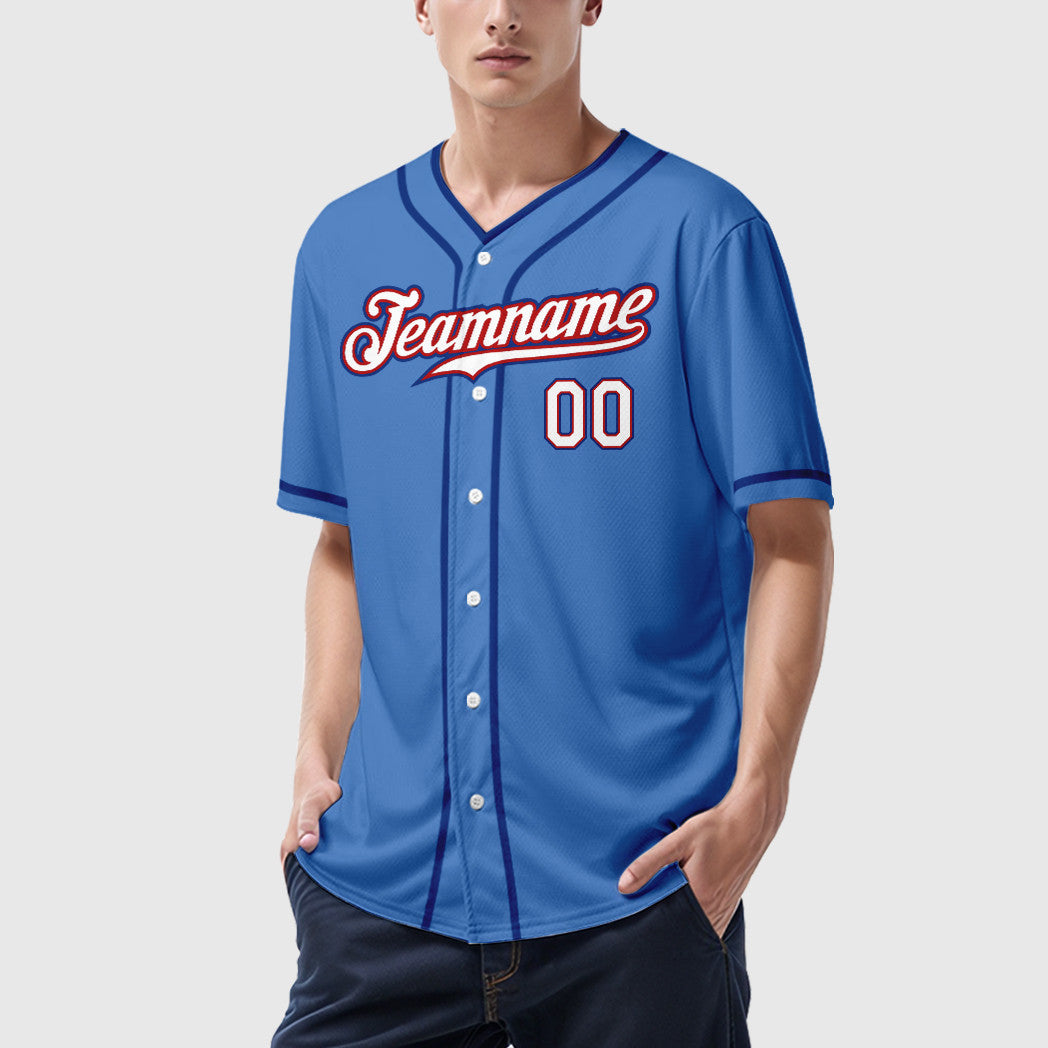 Custom Powder Blue Red White-Royal Piping Baseball Jersey