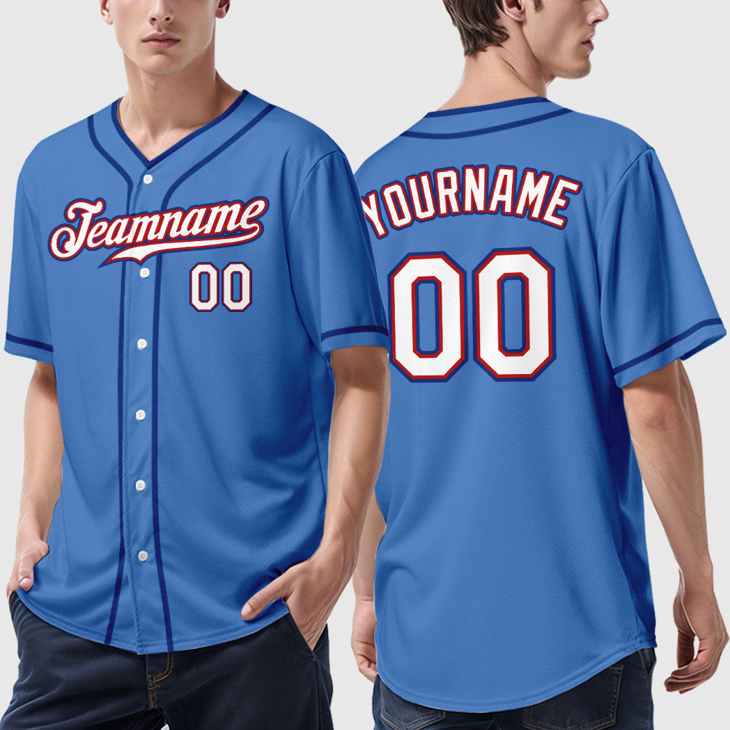 Custom Powder Blue Red White-Royal Piping Baseball Jersey