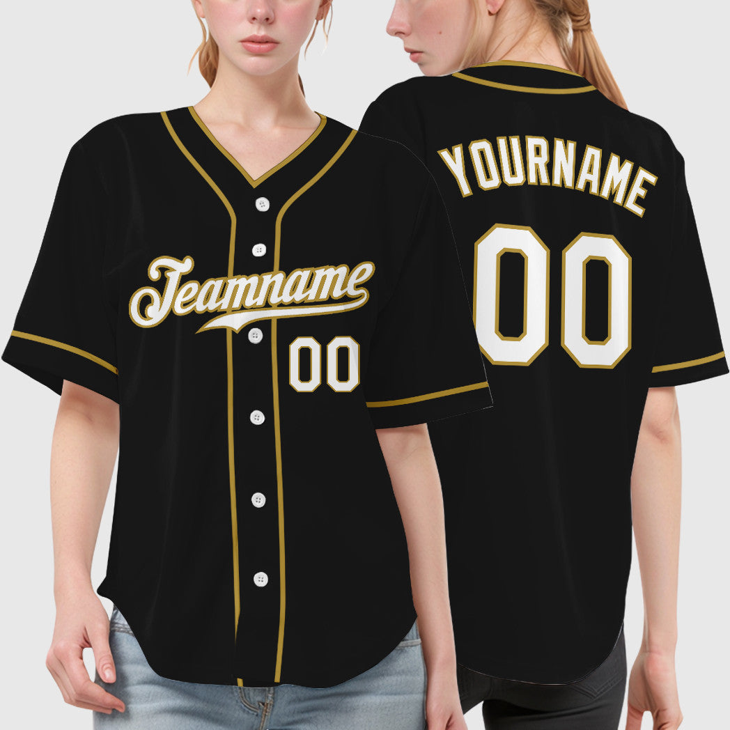 Custom Black White White-Old Gold Piping Baseball Jersey