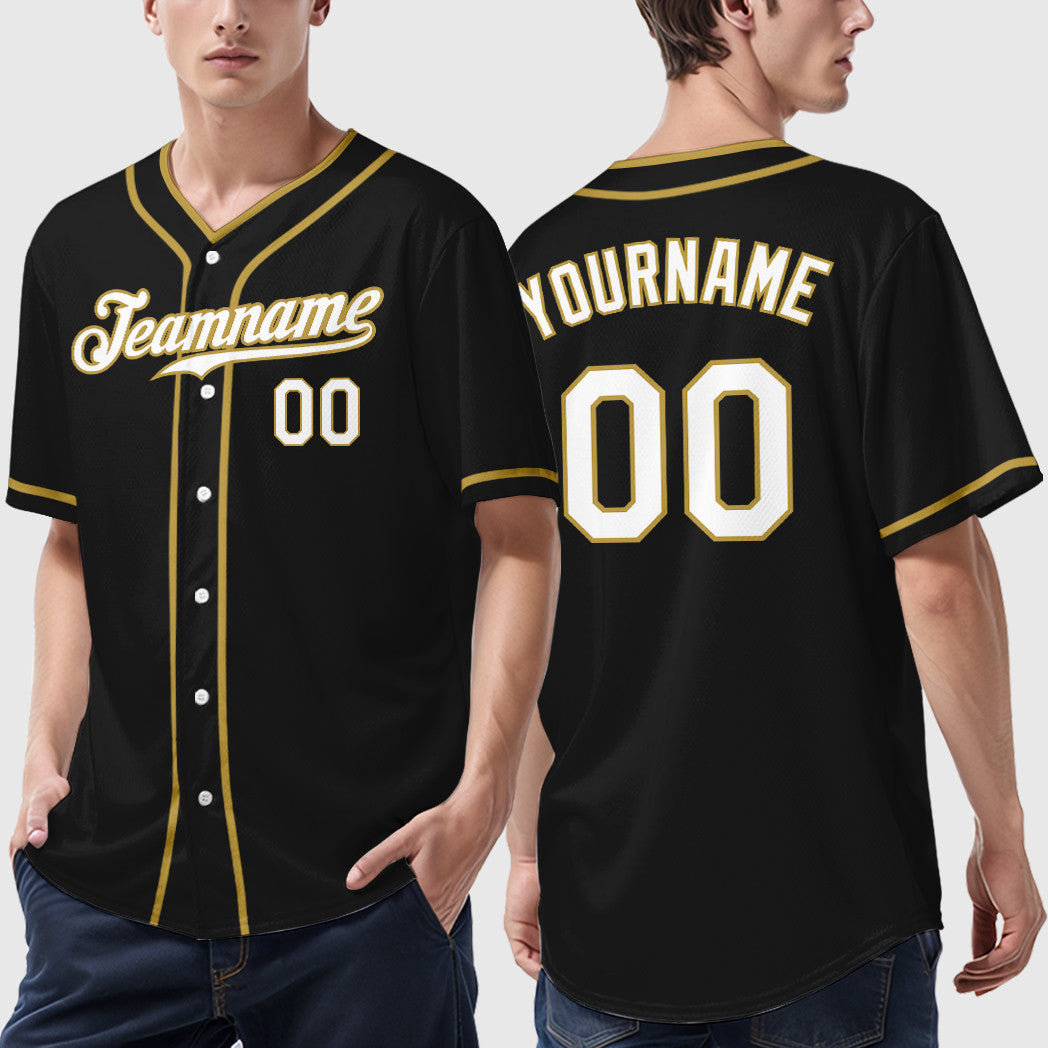 Custom Black White White-Old Gold Piping Baseball Jersey