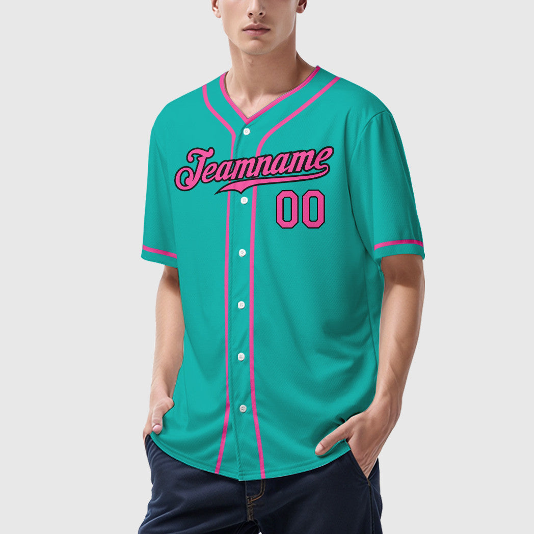 Custom Aqua White Pink-Black Piping Baseball Jersey
