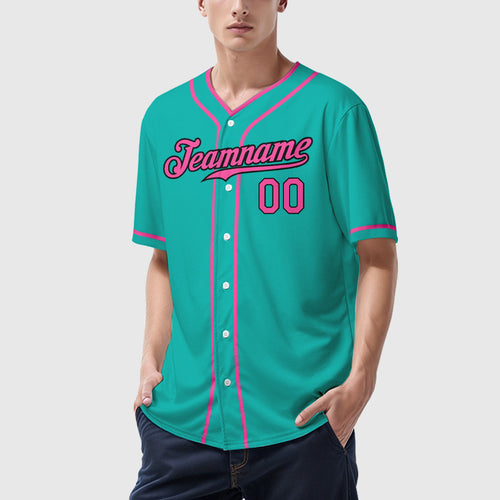 Custom Aqua White Pink-Black Piping Baseball Jersey