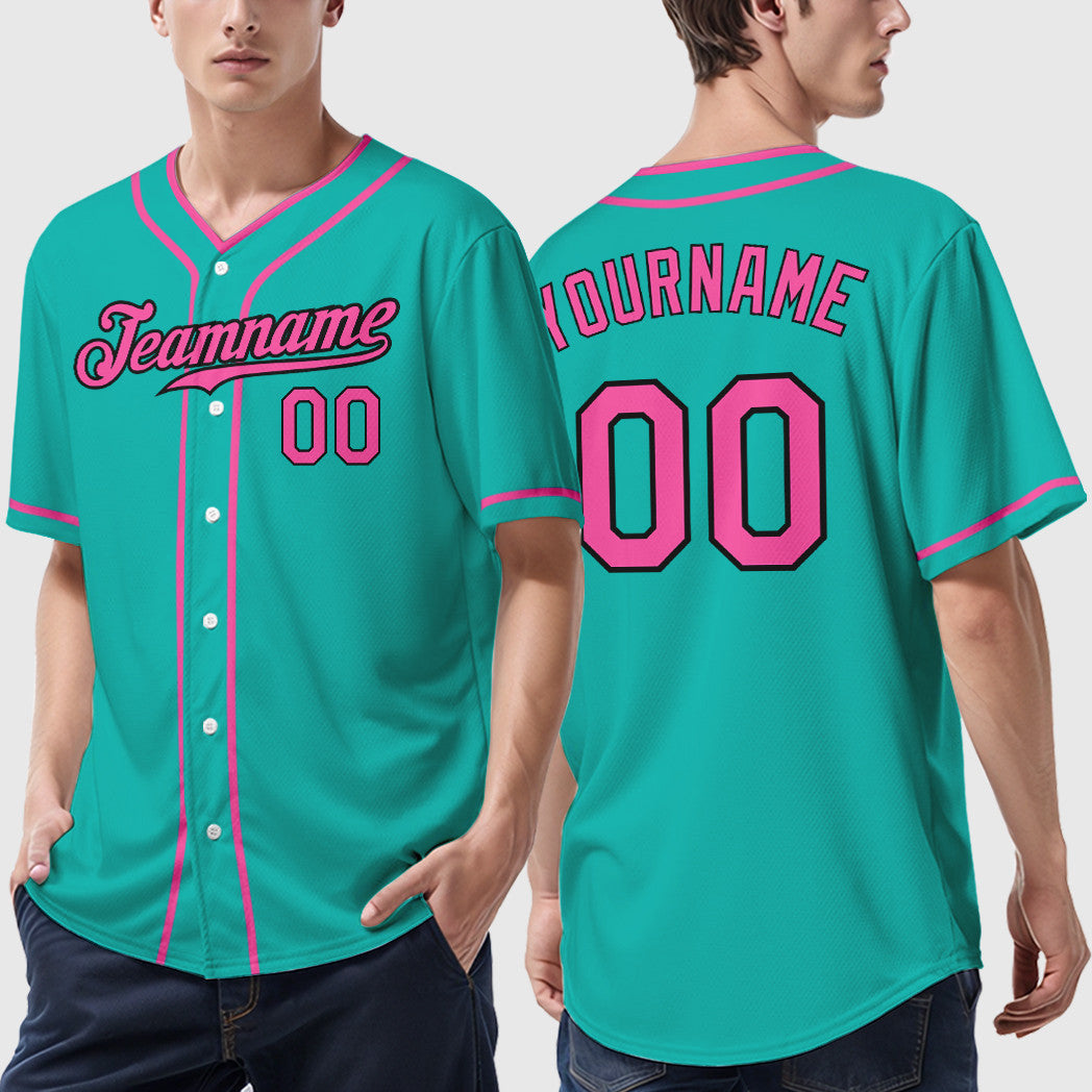 Custom Aqua White Pink-Black Piping Baseball Jersey
