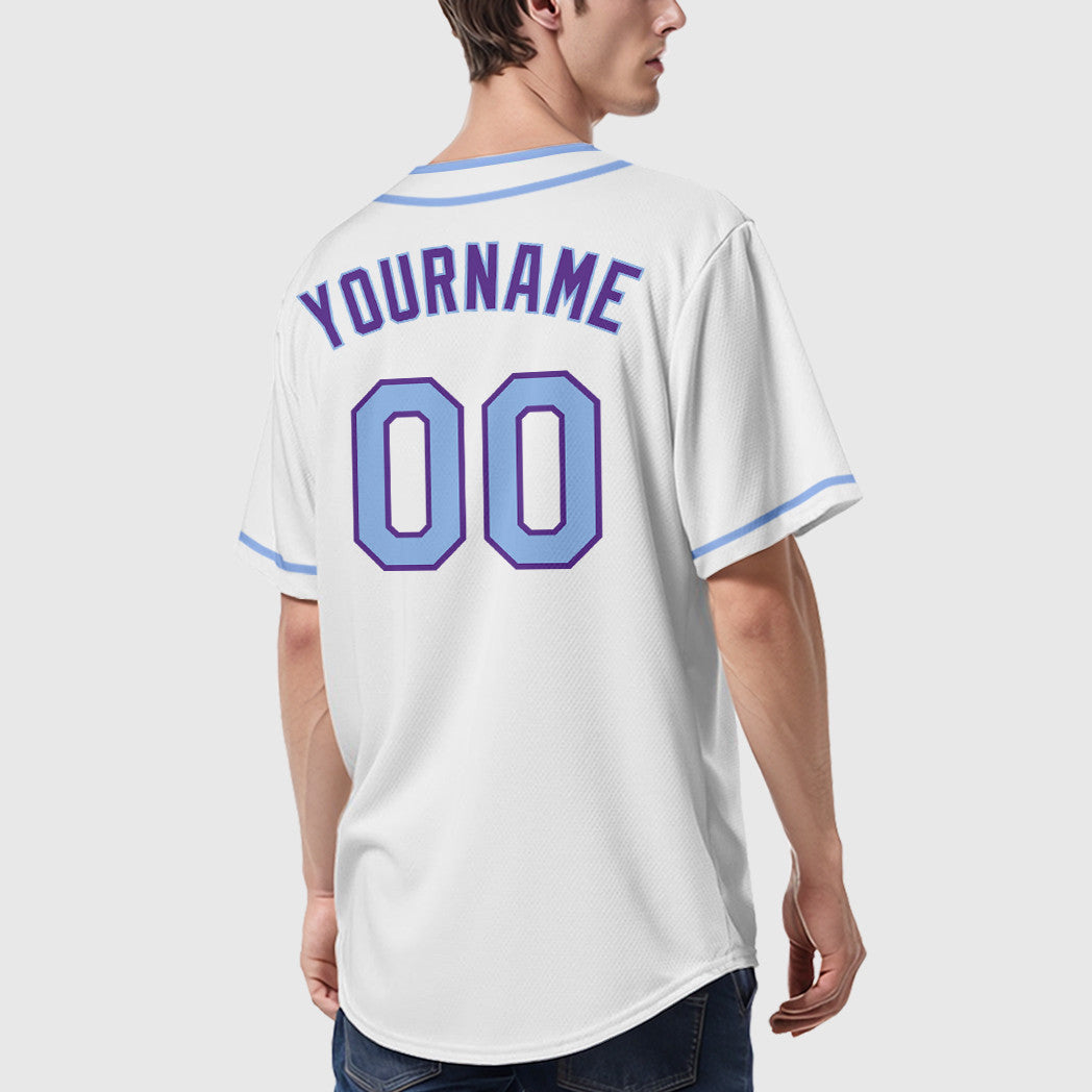Custom White Purple Light Blue Piping Baseball Jersey
