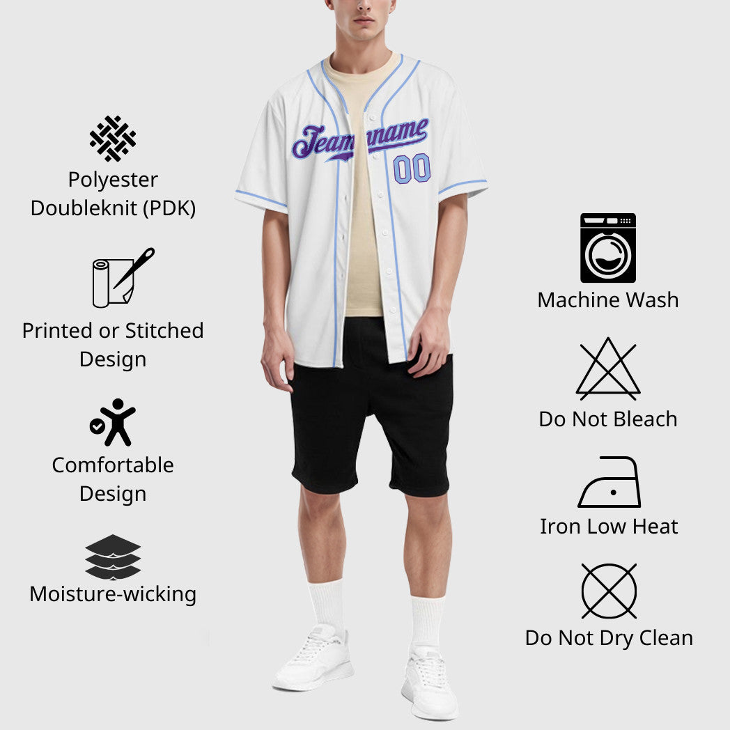 Custom White Purple Light Blue Piping Baseball Jersey