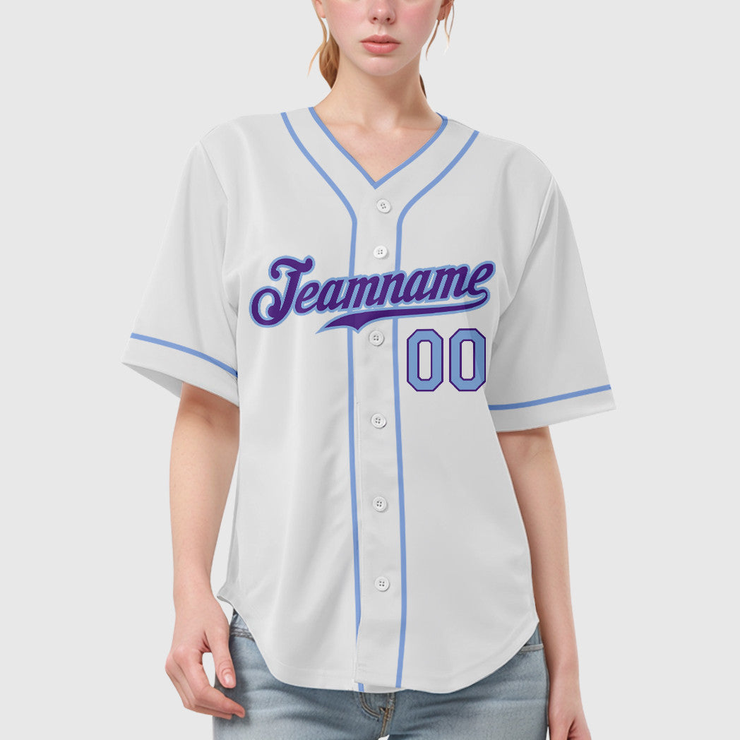 Custom White Purple Light Blue Piping Baseball Jersey