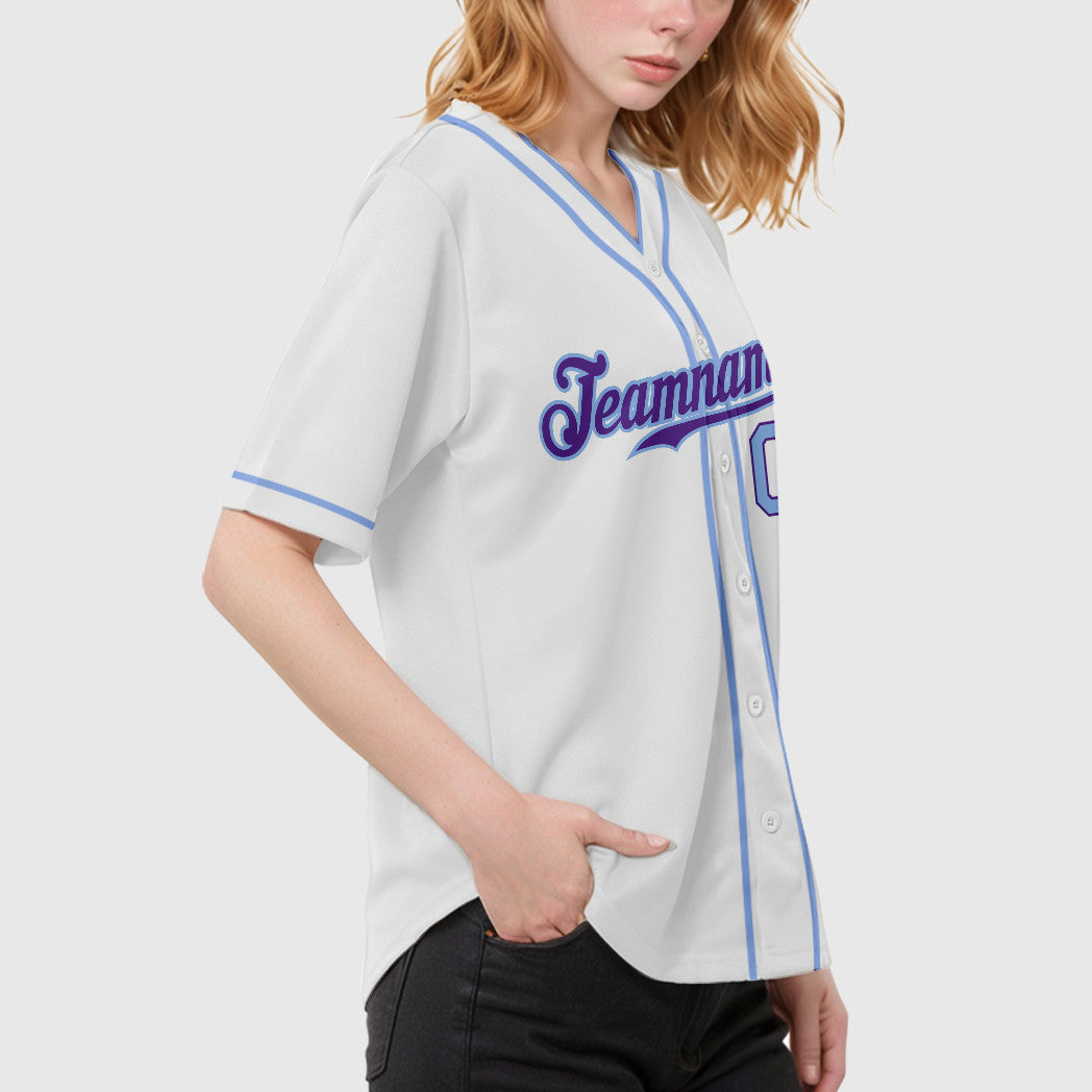 Custom White Purple Light Blue Piping Baseball Jersey
