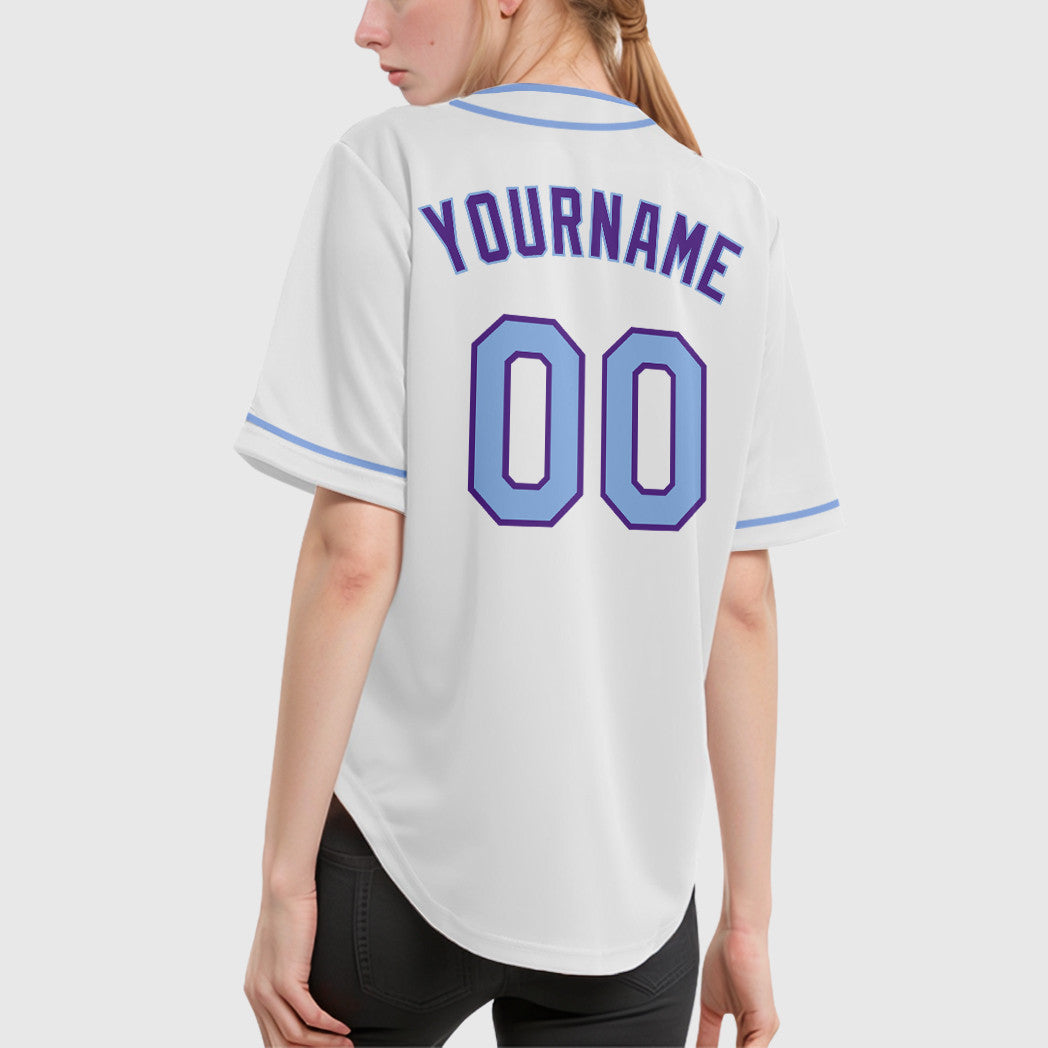 Custom White Purple Light Blue Piping Baseball Jersey