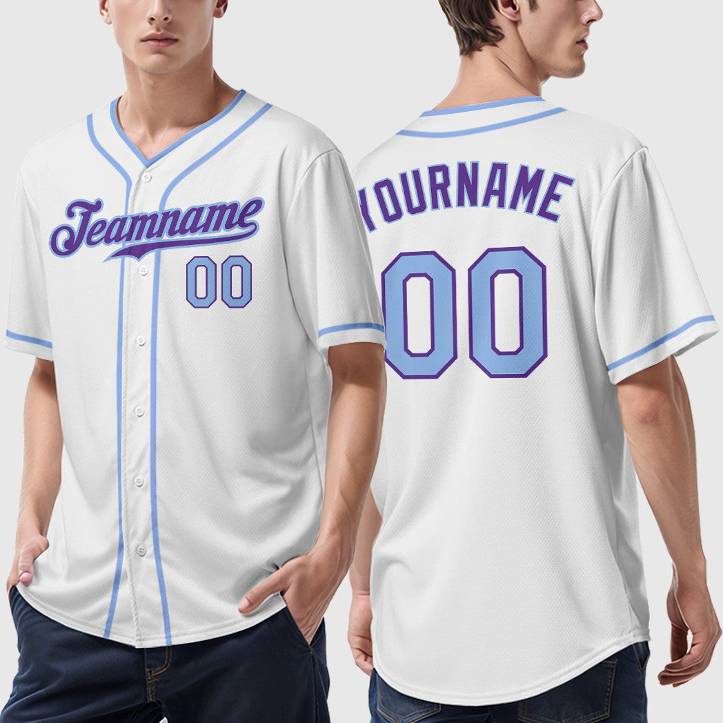 Custom White Purple Light Blue Piping Baseball Jersey